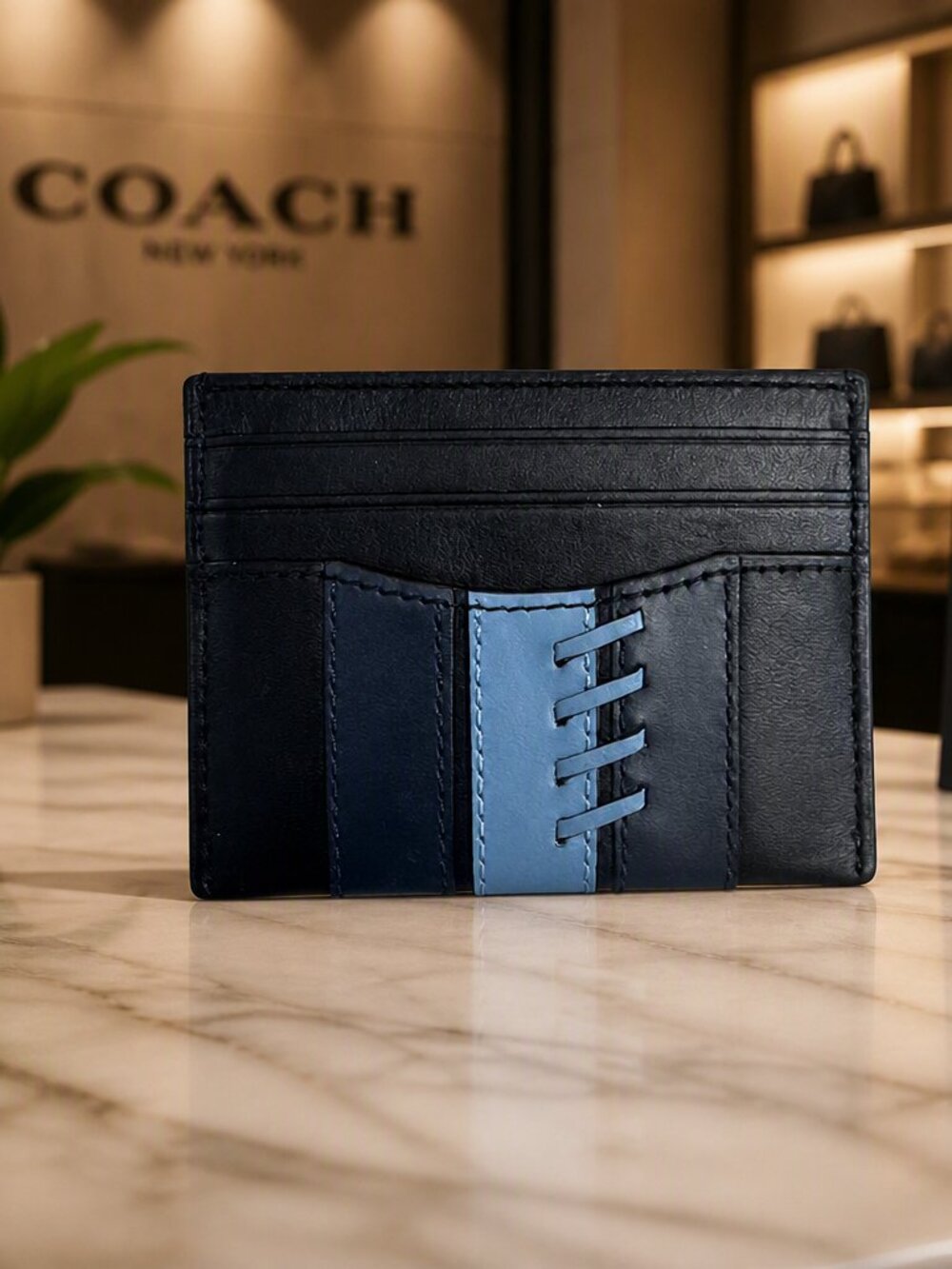 Coach F77934 Black & Blue Baseball Stitch Card Wallet